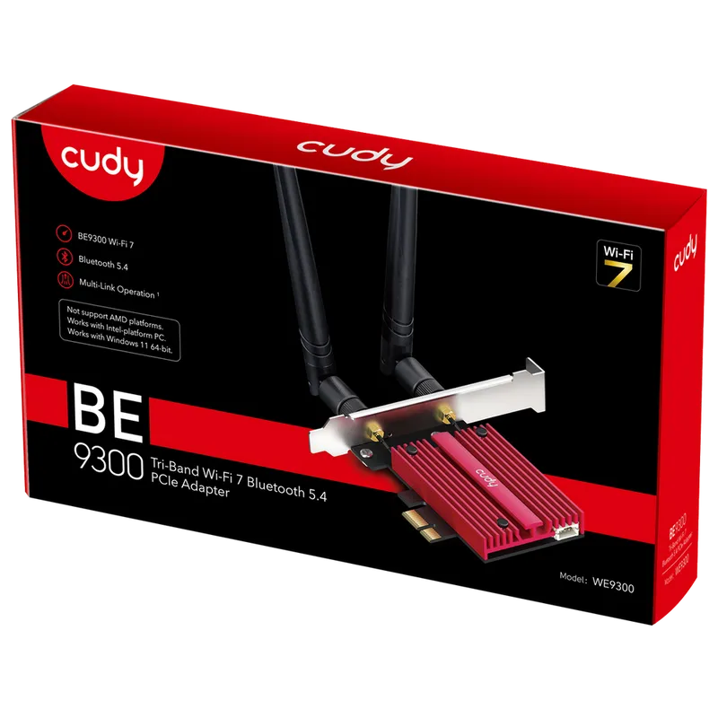 Адаптер беспроводной связи (Wi-Fi) CUDY BE9300 7 PCI Express Adapter 7 Bluetooth 5.4 PCI Express Adapter with Heatsink,  Intel BE200 module, Tri-band 2T2R, 5.8Gbps@6Ghz+2.8Gbps@5GHz + 688Mbps@2.4GHz, 802.11be/ax/ac/a/b/g/n, Magnetized antenna base, 2 high