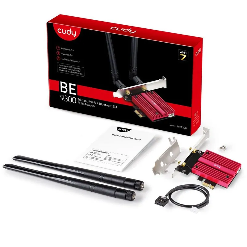 Адаптер беспроводной связи (Wi-Fi) CUDY BE9300 7 PCI Express Adapter 7 Bluetooth 5.4 PCI Express Adapter with Heatsink,  Intel BE200 module, Tri-band 2T2R, 5.8Gbps@6Ghz+2.8Gbps@5GHz + 688Mbps@2.4GHz, 802.11be/ax/ac/a/b/g/n, Magnetized antenna base, 2 high