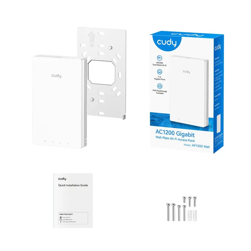 Точка доступа Wi-Fi CUDY AC1200 Gigabit Wall-Plate Access Point AC1200 Dual Band Gigabit Wall Plate Access Point,  MT7621DAN+MT7613B+MT7603E,  867Mbps at 5GHz + 300Mbps at 2.4GHz,  1 x Gigabit PoE-IN Port, 802.3af / at, 4 x Gigabit  RJ45 ports, LAN1 suppo