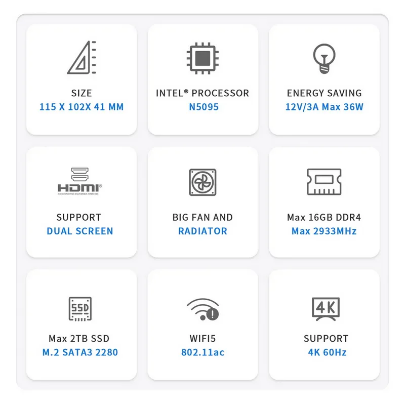 Мини-компьютер Beelink MINI S, CPU: Intel® Celeron® N5095 Processor , 4C/4T , GPU : Intel® UHD Graphics , 8GB DDR4 RAM  128GB SSD , Wi-Fi 5 ; Bluetooth 5.0; LAN 1000M