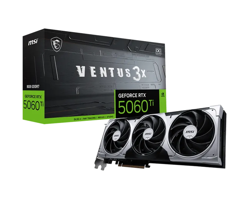 Видеокарта MSI PCI-E 5.0 RTX 5060TI 8G VENTUS 3X NVIDIA GeForce RTX 5060TI 8Gb 128bit GDDR7 2602/28000 HDMIx1 DPx3 HDCP Ret