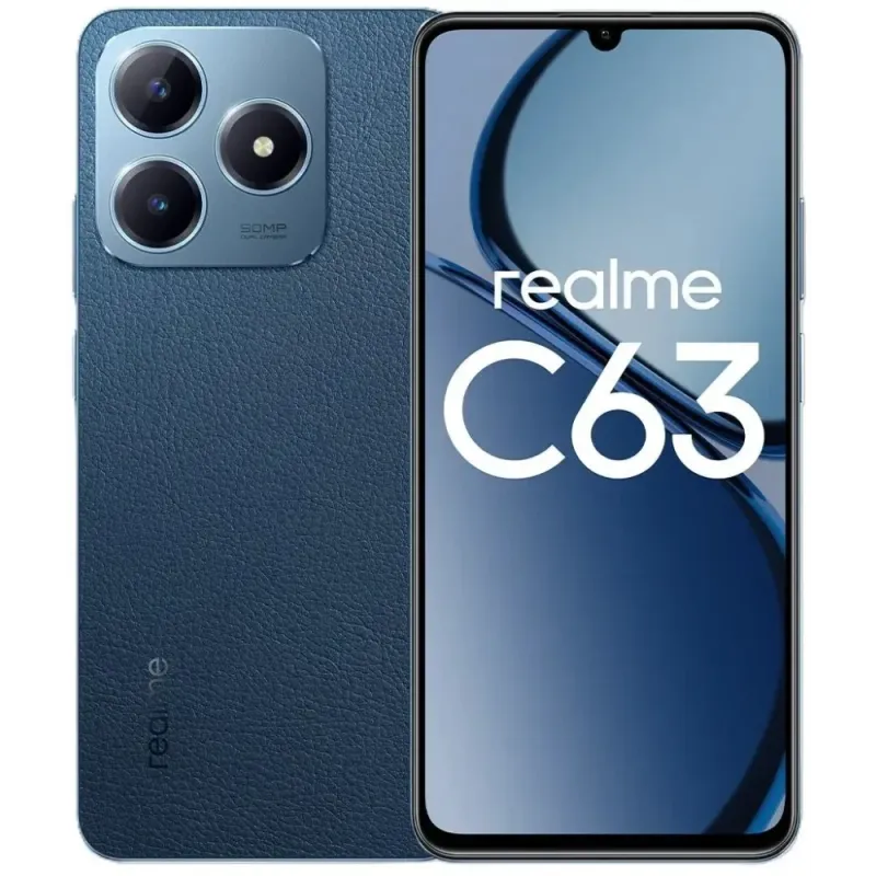 Смартфон Realme RMX3939 C63 256Gb 8Gb синий моноблок 3G 4G 2Sim 6.74" 720x1600 Android 14 50Mpix 802.11 a/b/g/n/ac NFC GPS GSM900/1800 GSM1900 TouchSc Protect VidConf A-GPS max2048Gb