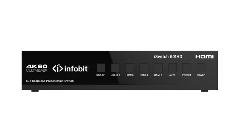 Презентационный коммутатор Infobit [iSwitch 501HD] 4K60 5x1 Выходы HDMI и USB C IN, HDMI и HDBaseT с Dante Audio