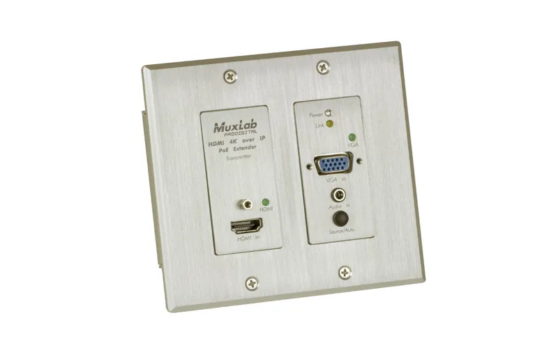 Встраиваемая панель-передатчик MuxLab [500773-TX-WH] HDMI / VGA over IP 4K PoE