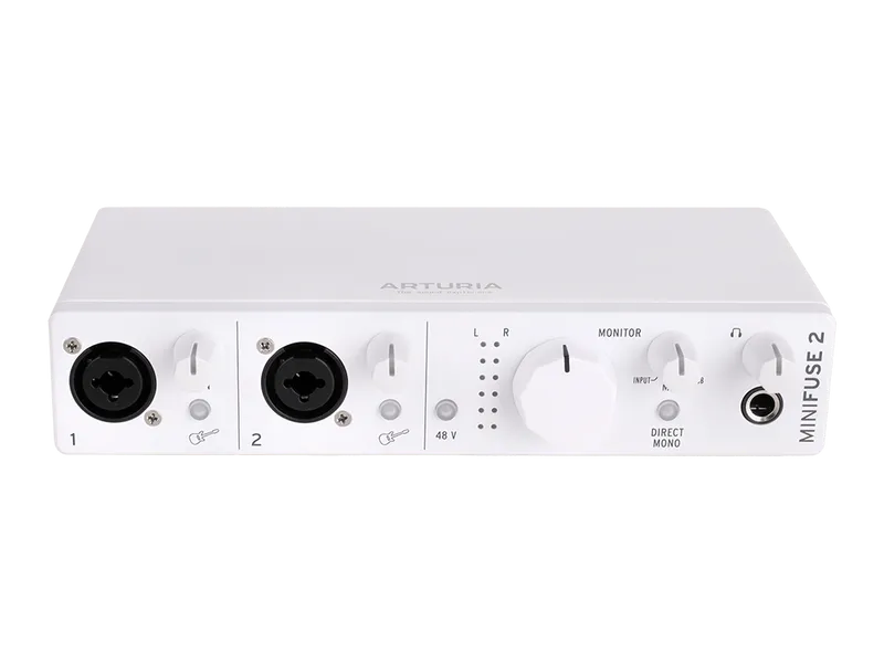 Аудиоинтерфейс USB [800112] Arturia [MiniFuse 2 White] 24бит/192кГц, два комбинированных входа XLR-1/4 (микрофонный / линейный / инструментальный уровень) с фантомным питанием +48 В, выходы на монитор (L/R Jack), выход для наушников, MIDI In/Out