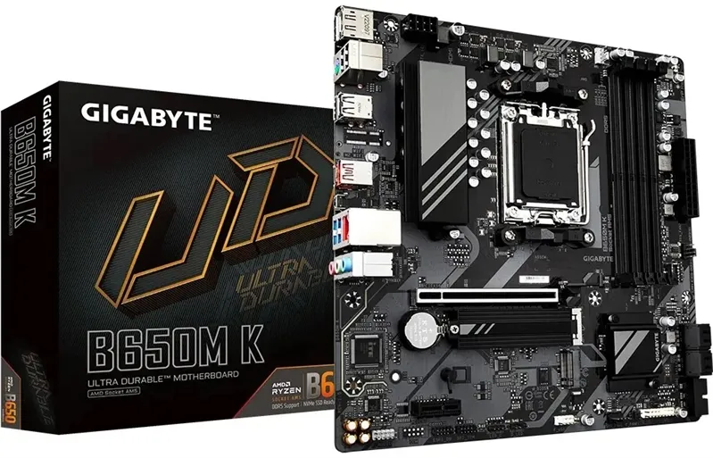 GIGABYTE B650M K, AM5, B650, 4*DDR5, DP+HDMI,  4 SATA 6 Гб/с, M2, Audio, Gb LAN, USB 3.2, USB 2.0, mATX