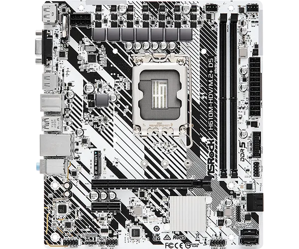 Материнская плата ASROCK H610M-HDV/M.2+ D5, LGA1700, H610, 2*DDR5, DP+D-Sub+HDMI, 4xSATA3 6.0, M.2 Socket, USB 3.2, USB 2.0, mATX;