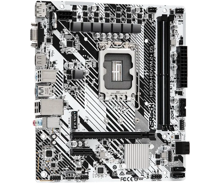 Материнская плата ASROCK H610M-HDV/M.2+ D5, LGA1700, H610, 2*DDR5, DP+D-Sub+HDMI, 4xSATA3 6.0, M.2 Socket, USB 3.2, USB 2.0, mATX;