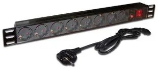 Блок розеток 19", 1-фазный с выключателем, 10A / 250V, 8xSchuko, шнур 3.0 м, вилка Schuko