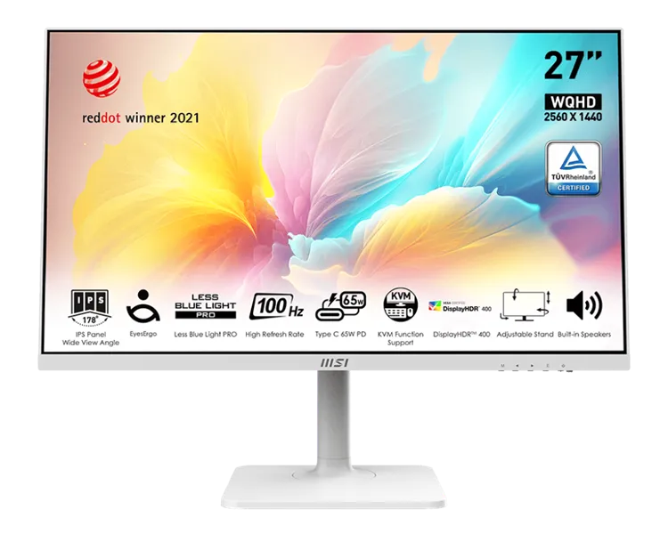 Монитор MSI Modern MD272QXPW 27" 16:9 WQHD(2560x1440) IPS Flat,1ms(MPRT),HDR 400,1000:1,100M:1,400nit,178/178,HDMI,DP,2xUSB Type-A,USB Type-B,USB Type-C,Speaker,Tilt,Swivel,Height,Pivot,100Hz,White,1y war-ty