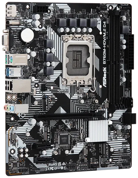 Материнская плата ASROCK B760M-HDV/M.2 D4, LGA1700, B760, 2*DDR4, HDMI+DP+D-Sub, 4xSATA3 6.0 (RAID), M.2 Socket, 4xUSB 3.2, 1xUSB2.0, Type-C, mATX; 90-MXBL40-A0UAYZ