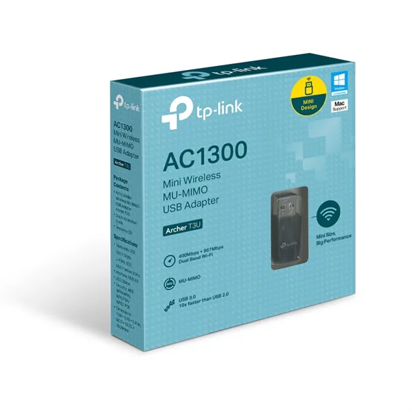 TP-Link Archer T3U, AC1300 Двухдиапазонный мини Wi-Fi USB адаптер, до 400 Мбит/с на 2,4 ГГц + до 867 Мбит/с на 5 ГГц, USB 3.0ОСОБЕННОСТИ: MU-MIMO