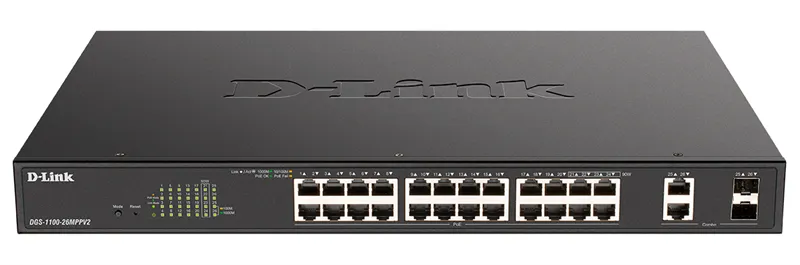 Коммутатор D-Link DGS-1100-26MPPV2/A3A (L2) 24x1Гбит/с 2xКомбо(1000BASE-T/SFP) 2SFP 24PoE 90W управляемый