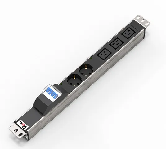Блок розеток Rem-32 с авт., инд., 2 Schuko, 3 IEC 60320 C19, 32 А, алюм., 19", колодка