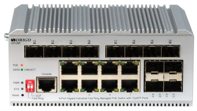 Коммутатор ORIGO Managed L2 Industrial Fast Ring Switch 8x1000Base-T PoE, 12x1000Base-X SFP, PoE Budget 185W, Surge 4KV, -40 to 75°C