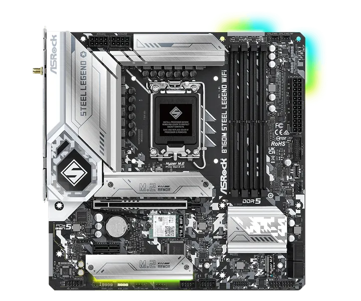 Материнская плата ASROCK B760M STEEL LEGEND WIFI, LGA1700, B760, 4*DDR5, HDMI+DP, 4xSATA3 6.0 (RAID), M.2 Socket, USB 3.2, USB2.0, Type-C, mATX