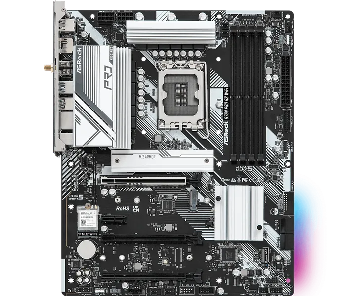 Материнская плата ASROCK B760 PRO RS WIFI, LGA1700, B760, 4*DDR5, HDMI+DP, 4xSATA3 6.0 (RAID), M.2 Socket, USB 3.2, USB2.0, Type-C, ATX