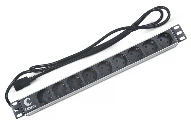 Cabeus PDU-9P-2IEC Блок евророзеток для 19" шкафов, горизонтальный, 9 розеток, 10 A, без выключателя, алюминиевый корпус, шнур 2 м, вилка IEC 320 C14