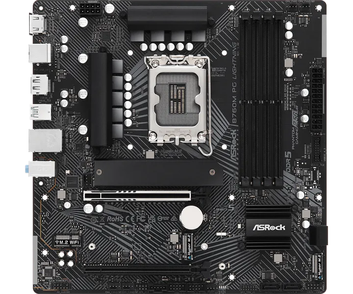 Материнская плата ASROCK B760M PG LIGHTNING, LGA1700, B760, 4*DDR5, HDMI+DP, 4xSATA3 6.0 (RAID), M.2 Socket, USB 3.2, USB2.0, Type-C, mATX