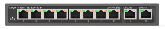 Ruijie Reyee 8-Port 100Mbps + 2 Uplink Port 1000Mbps, 8 of the ports support PoE/PoE+ power supply. Max PoE power budget is 110W, unmanaged switch, desktop