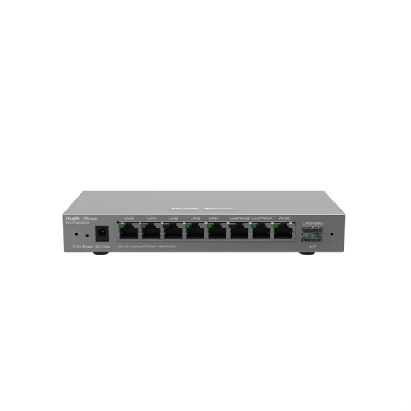 Ruijie Reyee Desktop 9-port cloud management router , including 8 gigabit electrical ports and 1 gigabit SFP port , supports 1 WAN port , 5 LAN ports , and 3 LAN /WAN ports ; a maximum of 200 concurre