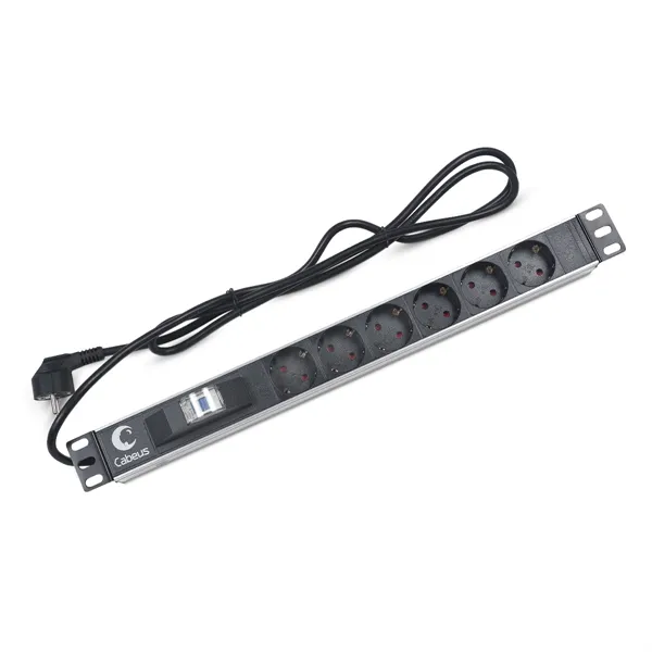 Cabeus PDU-6P-B-2EU Блок евророзеток для 19" шкафов, горизонтальный, 6 розеток, автоматический выключатель 16 A , шнур 2м, алюминиевый корпус, немецкий стандарт