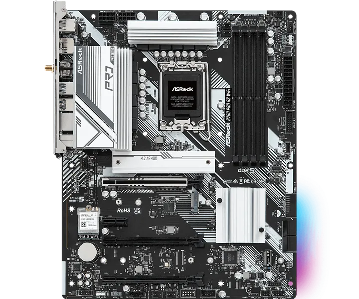 Материнская плата ASROCK B760 PRO RS WIFI, LGA1700, B760, 4*DDR5, HDMI+DP, 4xSATA3 6.0 (RAID), M.2 Socket, USB 3.2, USB2.0, Type-C, ATX