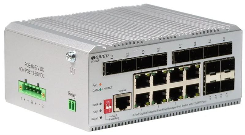 Коммутатор ORIGO Managed L2 Industrial Fast Ring Switch 8x1000Base-T PoE, 12x1000Base-X SFP, PoE Budget 185W, Surge 4KV, -40 to 75°C