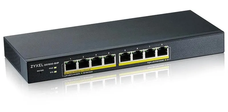 Коммутатор Smart L2 коммутатор PoE+ Zyxel GS1900-8HP, 8xGE PoE+, настольный, бесшумный, бюджет PoE 70 Вт