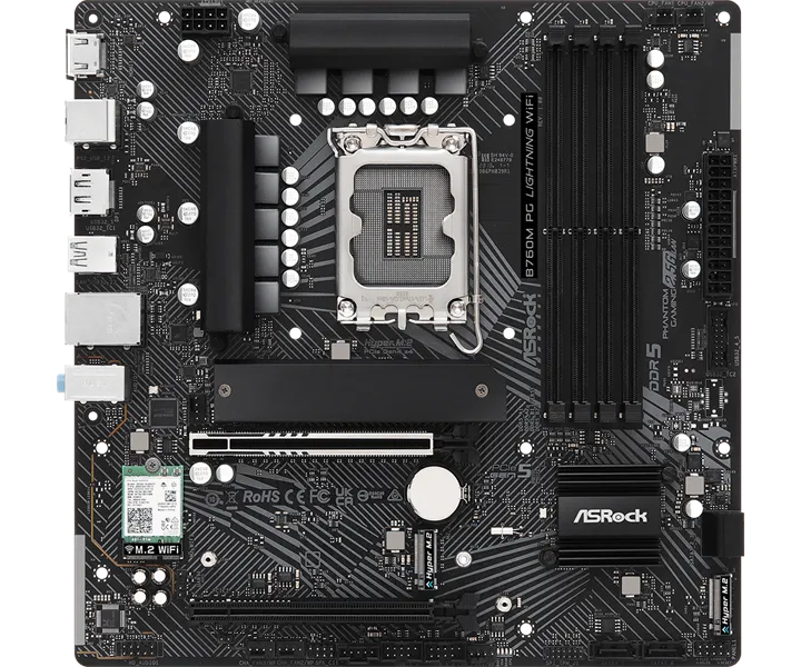 Материнская плата ASROCK B760M PG LIGHTNING WIFI, LGA1700, B760, 4*DDR5, HDMI+DP, 4xSATA3 6.0 (RAID), M.2 Socket, USB 3.2, USB2.0, Type-C, mATX