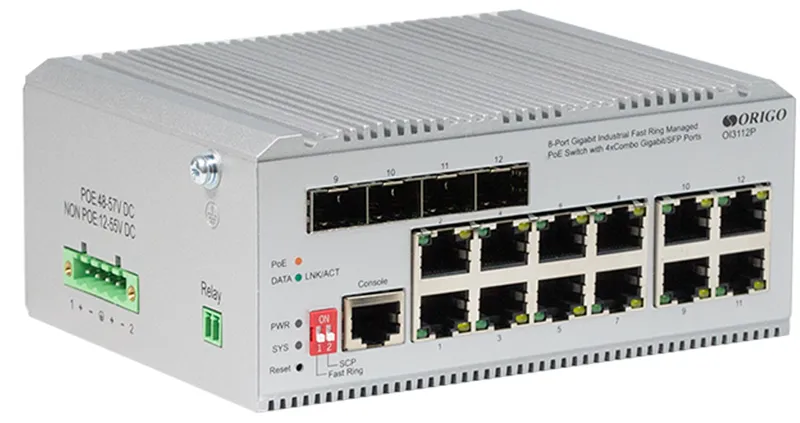 Коммутатор ORIGO Managed L2 Industrial Fast Ring Switch 8x1000Base-T PoE, 4xCombo 1000Base-T/SFP, PoE Budget 185W, Surge 4KV, -40 to 75°C