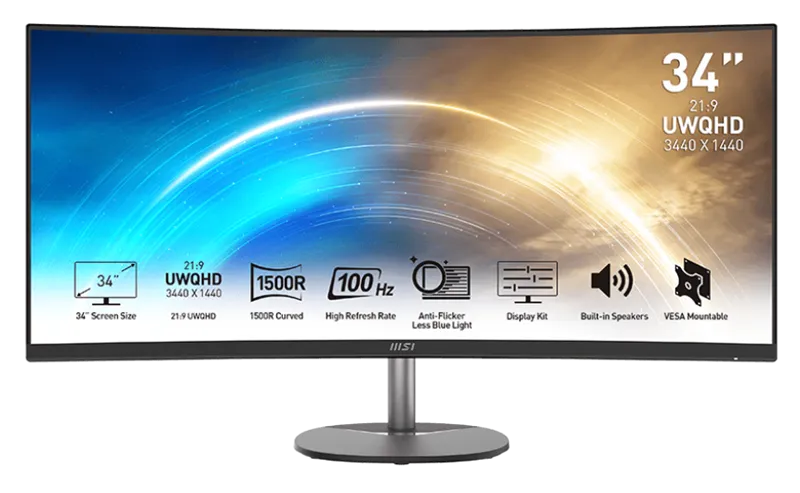 Монитор MSI PRO MP341CQ 34" 21:9 UWQHD(3440x1440) VA Curve1500R,1ms(MPRT),3000:1,100M:1,300nit,178/178,2xHDMI 2.0,DP 1.2,Tilt,Speaker,VESA,100Hz,Black,1y war-ty
