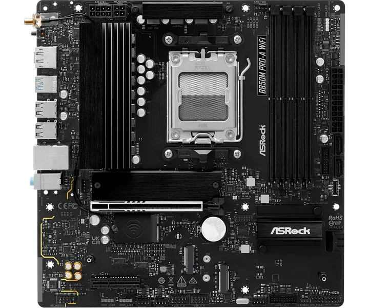 ASROCK B850M PRO-A WIFI, AM5, B850, 4*DDR5, 4*SATA, 4*M.2, 4*USB 2.0, 3*USB 3.2, 2*Type-C, 2*PCIx16, 1*M.2 (Key E), HDMI+DP, mATX