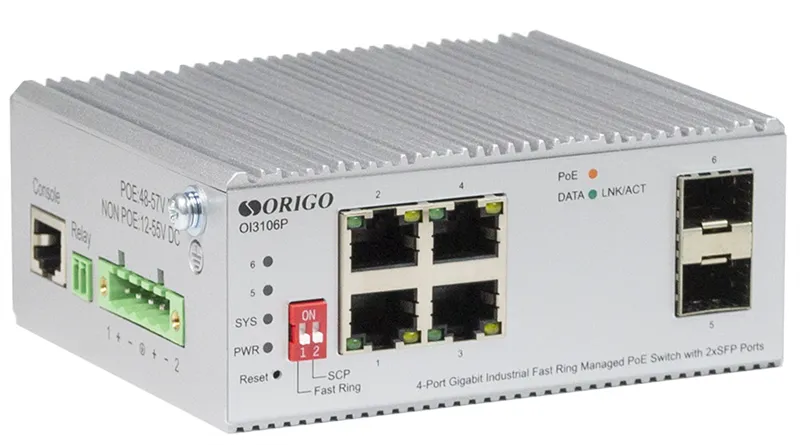 Коммутатор ORIGO Managed L2 Industrial Fast Ring Switch 4x1000Base-T PoE, 2x1000Base-X SFP, PoE Budget 60W, Surge 4KV, -40 to 75°C