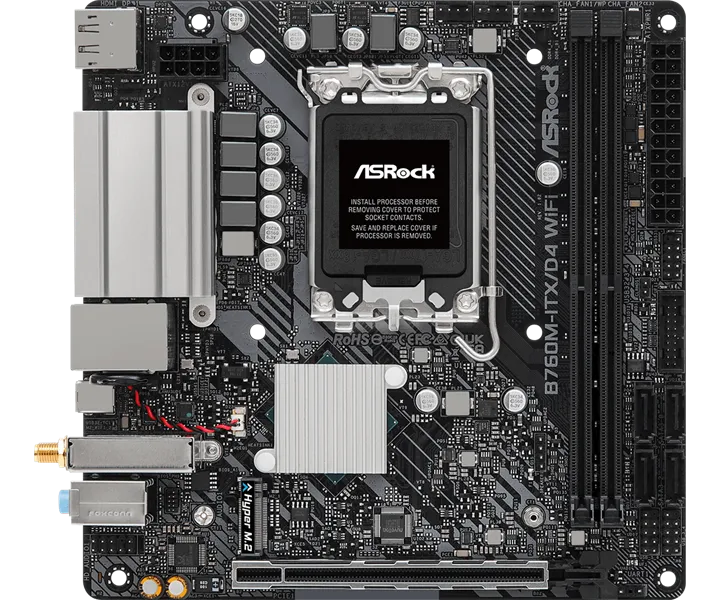 Материнская плата ASROCK B760M-ITX/D4 WIFI, LGA1700, B760, 2*DDR4, HDMI+DP, 4xSATA3 6.0 (RAID), M.2 Socket, USB 3.2, USB2.0, Type-C, mITX