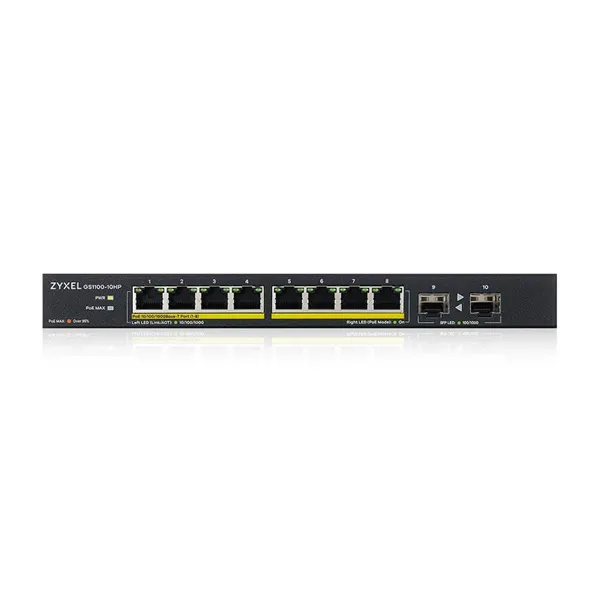 Коммутатор Коммутатор PoE+ Zyxel GS1100-10HP, 8xGE PoE+, 2xSFP, настольный, бесшумный, бюджет PoE 130 Вт, Kensigton lock