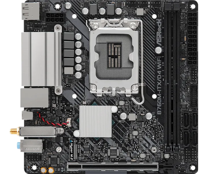 Материнская плата ASROCK B760M-ITX/D4 WIFI, LGA1700, B760, 2*DDR4, HDMI+DP, 4xSATA3 6.0 (RAID), M.2 Socket, USB 3.2, USB2.0, Type-C, mITX