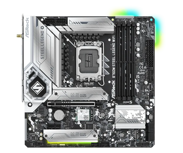 Материнская плата ASROCK B760M STEEL LEGEND WIFI, LGA1700, B760, 4*DDR5, HDMI+DP, 4xSATA3 6.0 (RAID), M.2 Socket, USB 3.2, USB2.0, Type-C, mATX