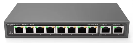 Ruijie Reyee 8-Port 100Mbps + 2 Uplink Port 1000Mbps, 8 of the ports support PoE/PoE+ power supply. Max PoE power budget is 110W, unmanaged switch, desktop