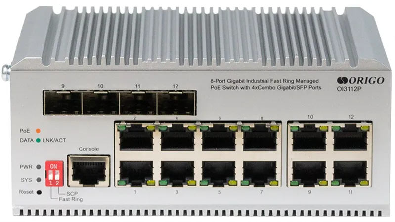 Коммутатор ORIGO Managed L2 Industrial Fast Ring Switch 8x1000Base-T PoE, 4xCombo 1000Base-T/SFP, PoE Budget 185W, Surge 4KV, -40 to 75°C