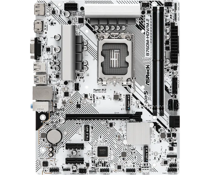 Материнская плата ASROCK B760M-HDV/M.2, LGA1700, B760, 2*DDR5, HDMI+DP+D-Sub, 4xSATA3 6.0 (RAID), M.2 Socket, USB 3.2, USB2.0, Type-C, mATX