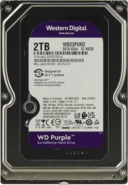 Жесткий диск Western Digital Purple HDD 3.5" SATA 2TB, IntelliPower, 256MB buffer (DV&NVR), WD23PURZ, 1 year