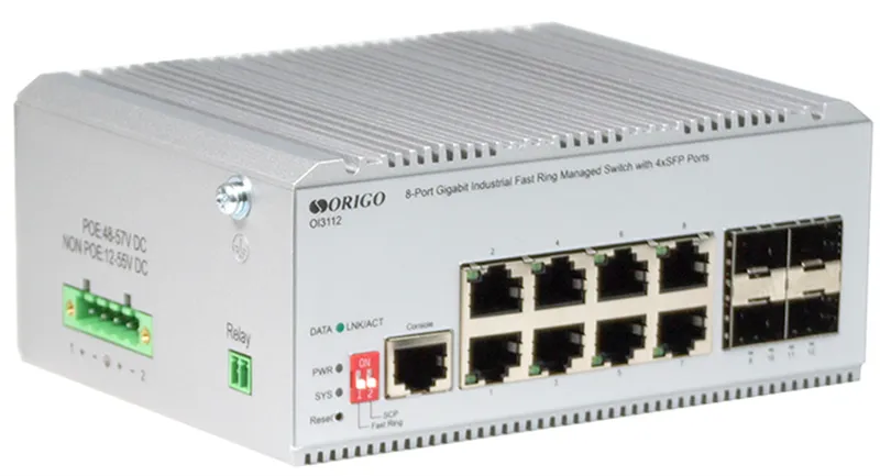 Коммутатор ORIGO Managed L2 Industrial Fast Ring Switch 8x1000Base-T, 4x1000Base-X SFP, Surge 4KV, -40 to 75°C