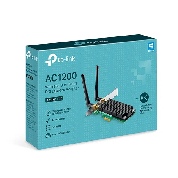 TP-Link Archer T4E, AC1200 Двухдиапазонный Wi-Fi адаптер PCI Express, до 300 Мбит/с на 2,4 ГГц + до 867 Мбит/с на 5 ГГц, 2 внешние антенны с высоким коэффициентом усиления