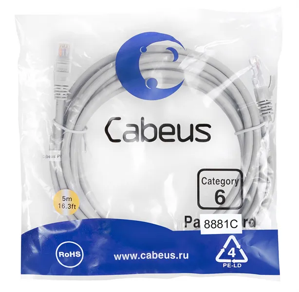 Патч-корд u/utp, категория 6, 2xrj45/8p8c, 5м Cabeus PC-UTP-RJ45-Cat.6-5m-LSZH Патч-корд U/UTP, категория 6, 2xRJ45/8p8c, неэкранированный, серый, LSZH, 5м