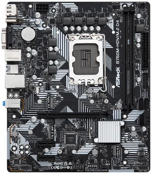 Материнская плата ASROCK B760M-HDV/M.2 D4, LGA1700, B760, 2*DDR4, HDMI+DP+D-Sub, 4xSATA3 6.0 (RAID), M.2 Socket, 4xUSB 3.2, 1xUSB2.0, Type-C, mATX; 90-MXBL40-A0UAYZ