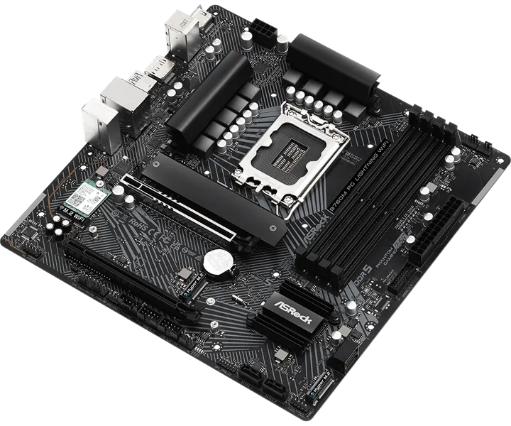 Материнская плата ASROCK B760M PG LIGHTNING WIFI, LGA1700, B760, 4*DDR5, HDMI+DP, 4xSATA3 6.0 (RAID), M.2 Socket, USB 3.2, USB2.0, Type-C, mATX
