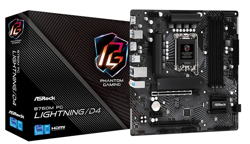 Материнская плата ASROCK B760M PG LIGHTNING/D4, LGA1700, B760, 4*DDR4, HDMI+DP, 4xSATA3 6.0 (RAID), M.2 Socket, USB 3.2, USB2.0, Type-C, mATX