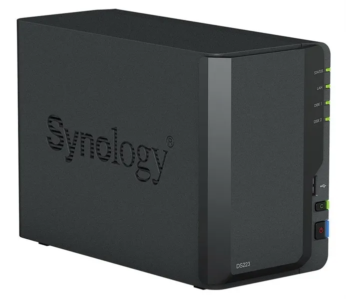 Система хранения данных Synology QC1,7GhzCPU/2GB DDR4/RAID0,1/up to 2hot plug HDDs SATA(3,5'')/2xUSB3.2,1xUSB2.0/1GigEth/iSCSI/2xIPcam(up to (DS223)