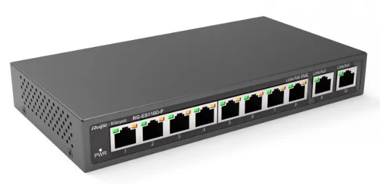 Ruijie Reyee 8-Port 100Mbps + 2 Uplink Port 1000Mbps, 8 of the ports support PoE/PoE+ power supply. Max PoE power budget is 110W, unmanaged switch, desktop